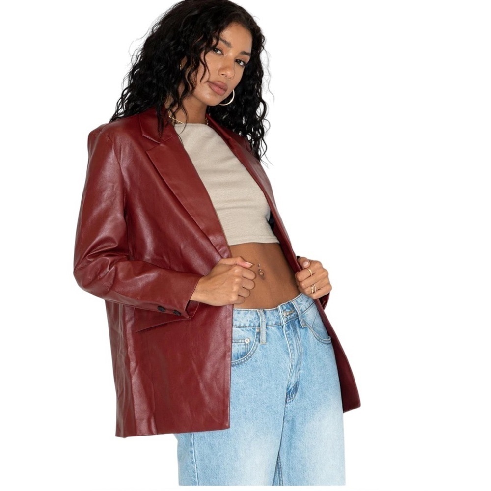 Princess Polly - Jocelyn Faux Leather Boyfriend Blazer Burgundy Sz M/L